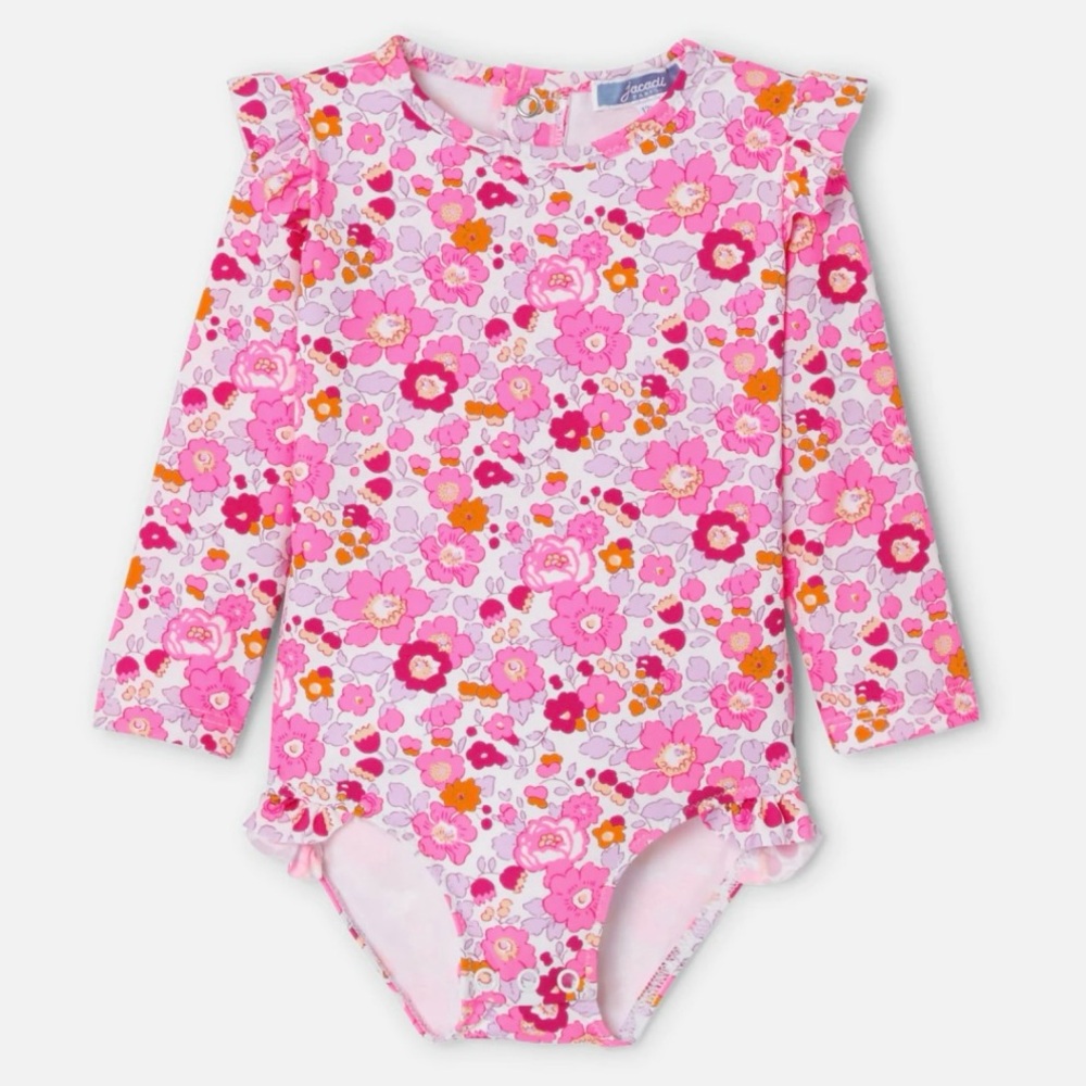 Jacadi Baby Girl Rashguard Swimsuit in Floral Liberty Fabric - Pink - 12M